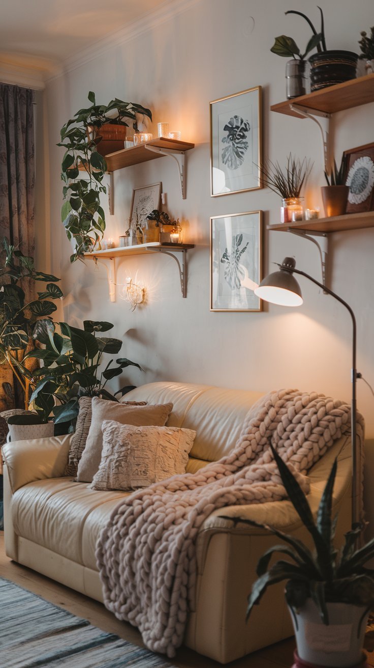 Canapé en cuir beige avec plaid en grosse maille entouré de nombreuses plantes vertes