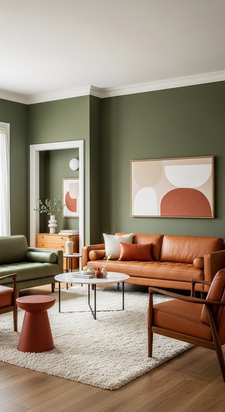 Canape en cuir camel dans un salon avec des murs vert fonce