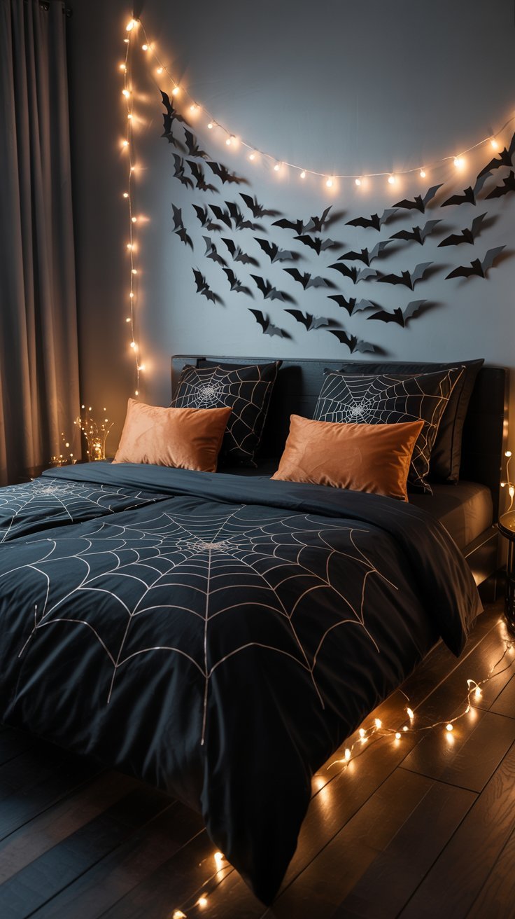 Chambre a coucher avec une parure de lit a toile d araignee et des chauves souris au mur