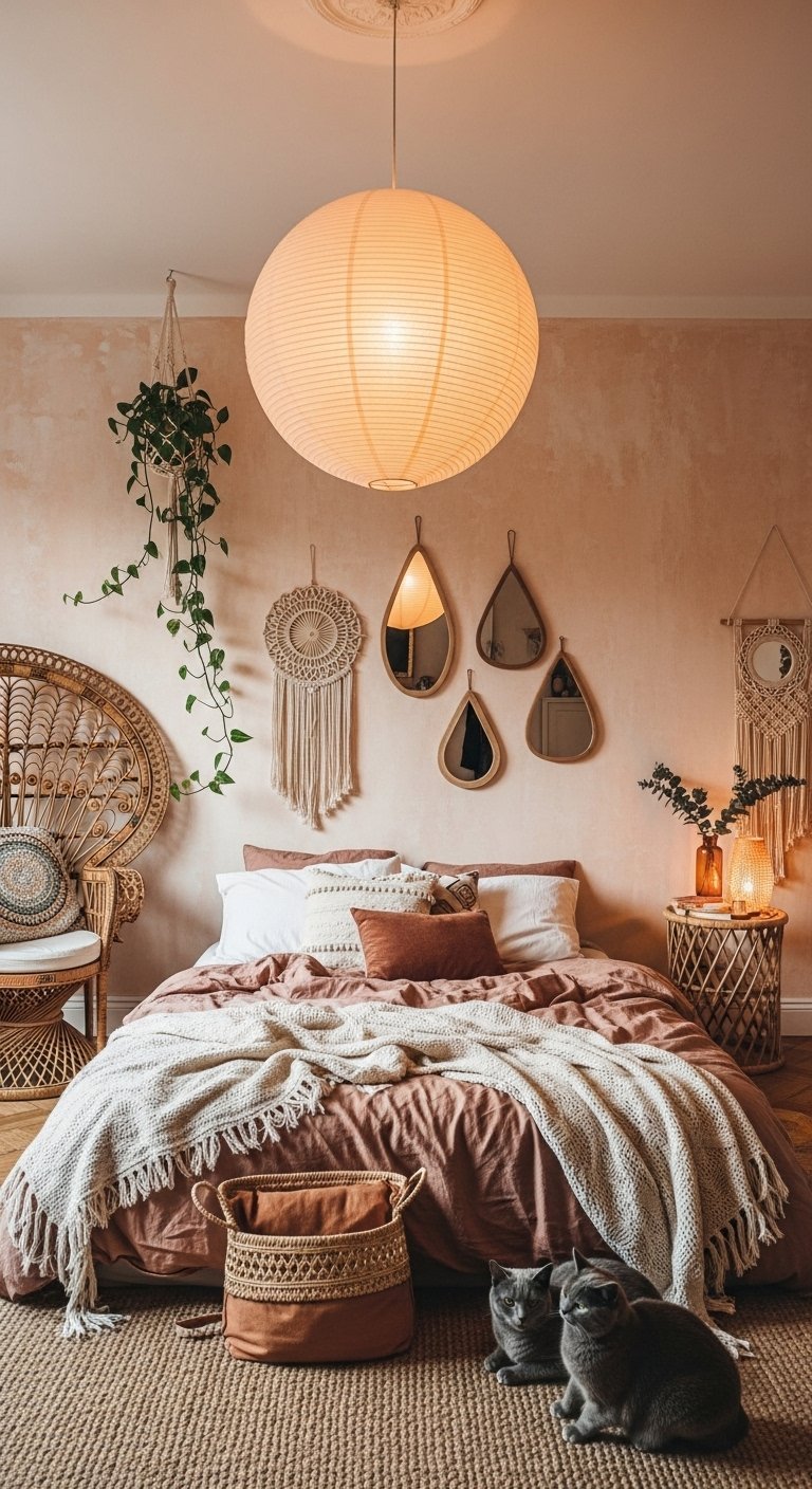 Chambre bohème couleur terracotta avec fauteuil en rotin