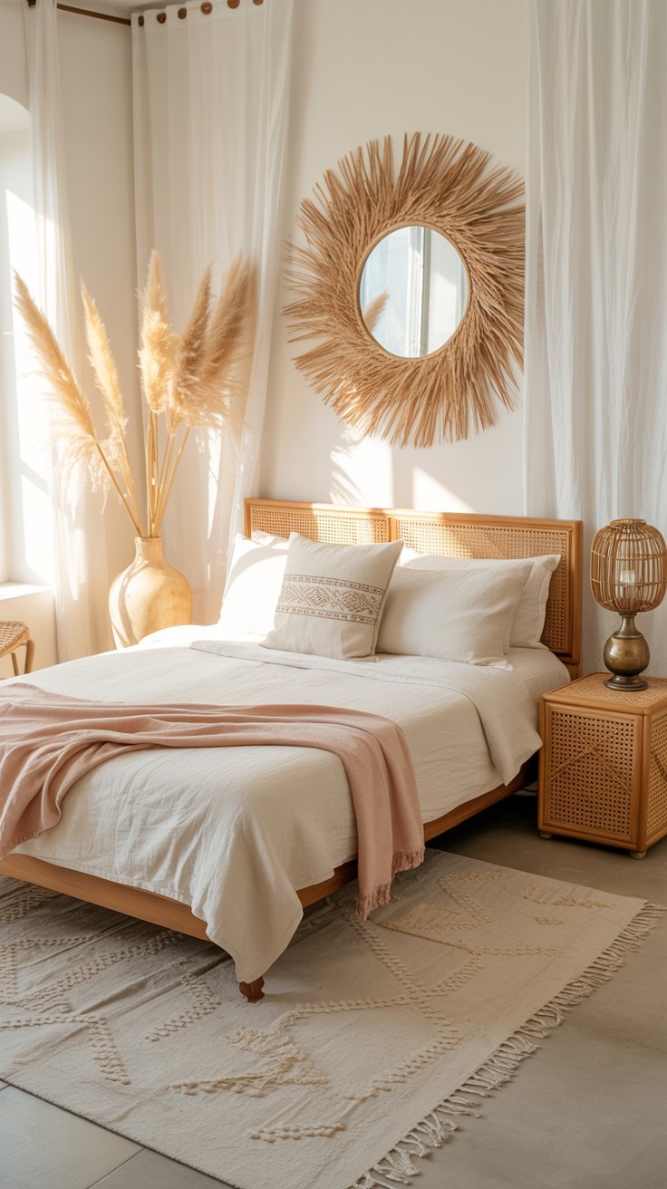 Chambre bohème lumineuse avec miroir soleil en raphia et herbe de la pampa