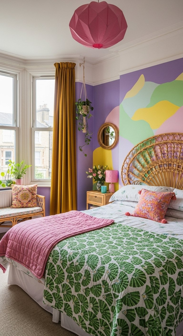 Chambre colorée avec mur peint abstrait et tête de lit en rotin