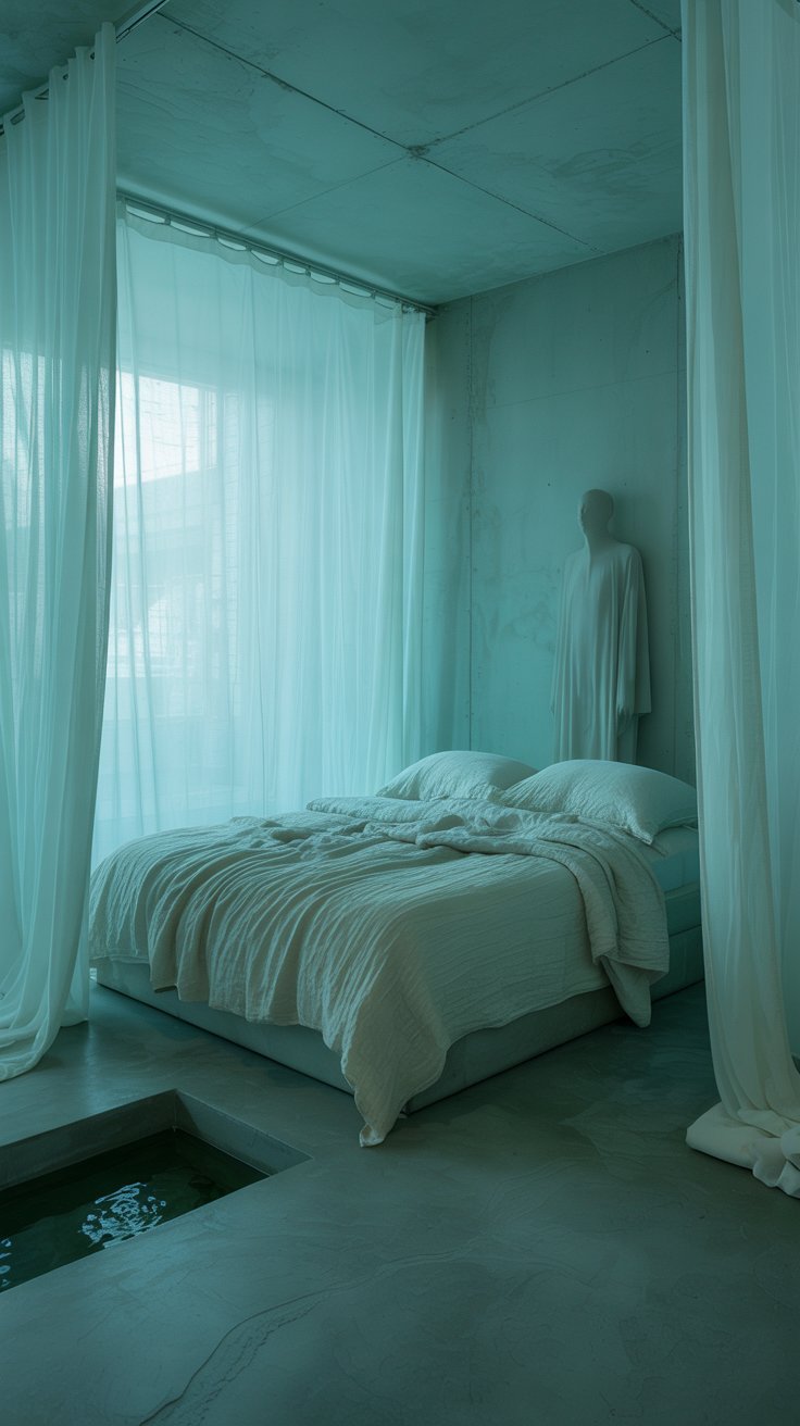 Chambre de sorcier avec étagères de potions et éclairage violet mystique