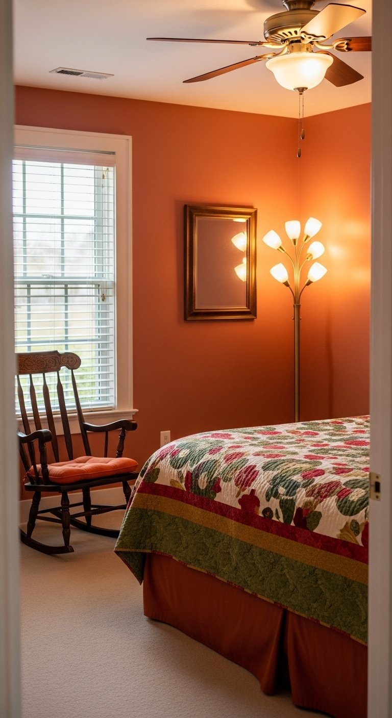 Chambre traditionnelle avec murs terracotta et fauteuil à bascule