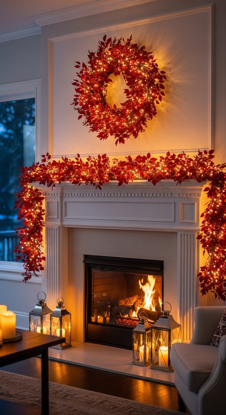 Cheminee blanche decoree avec une guirlande et une couronne de feuilles rouges lumineuses