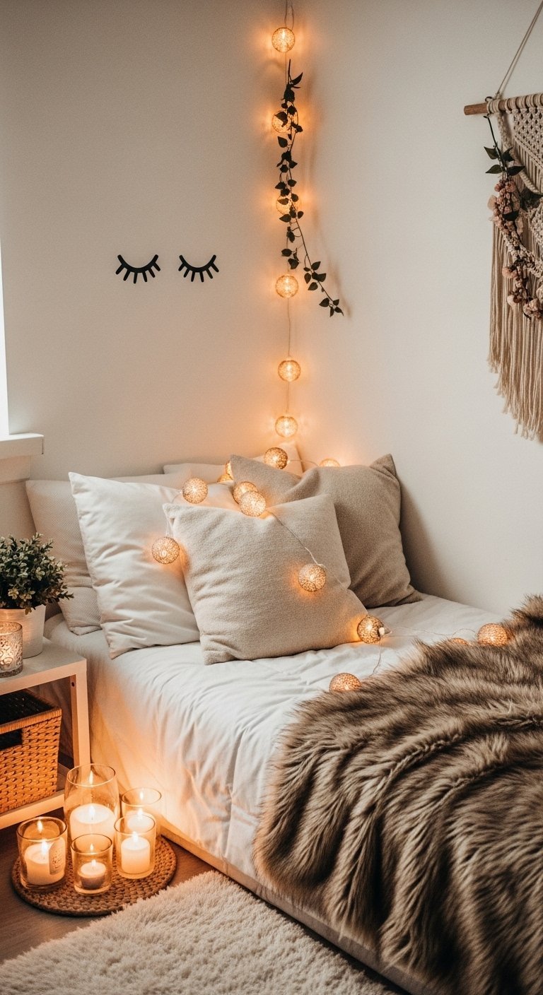Coin de lit avec guirlandes lumineuses a boules et un jete en fausse fourrure