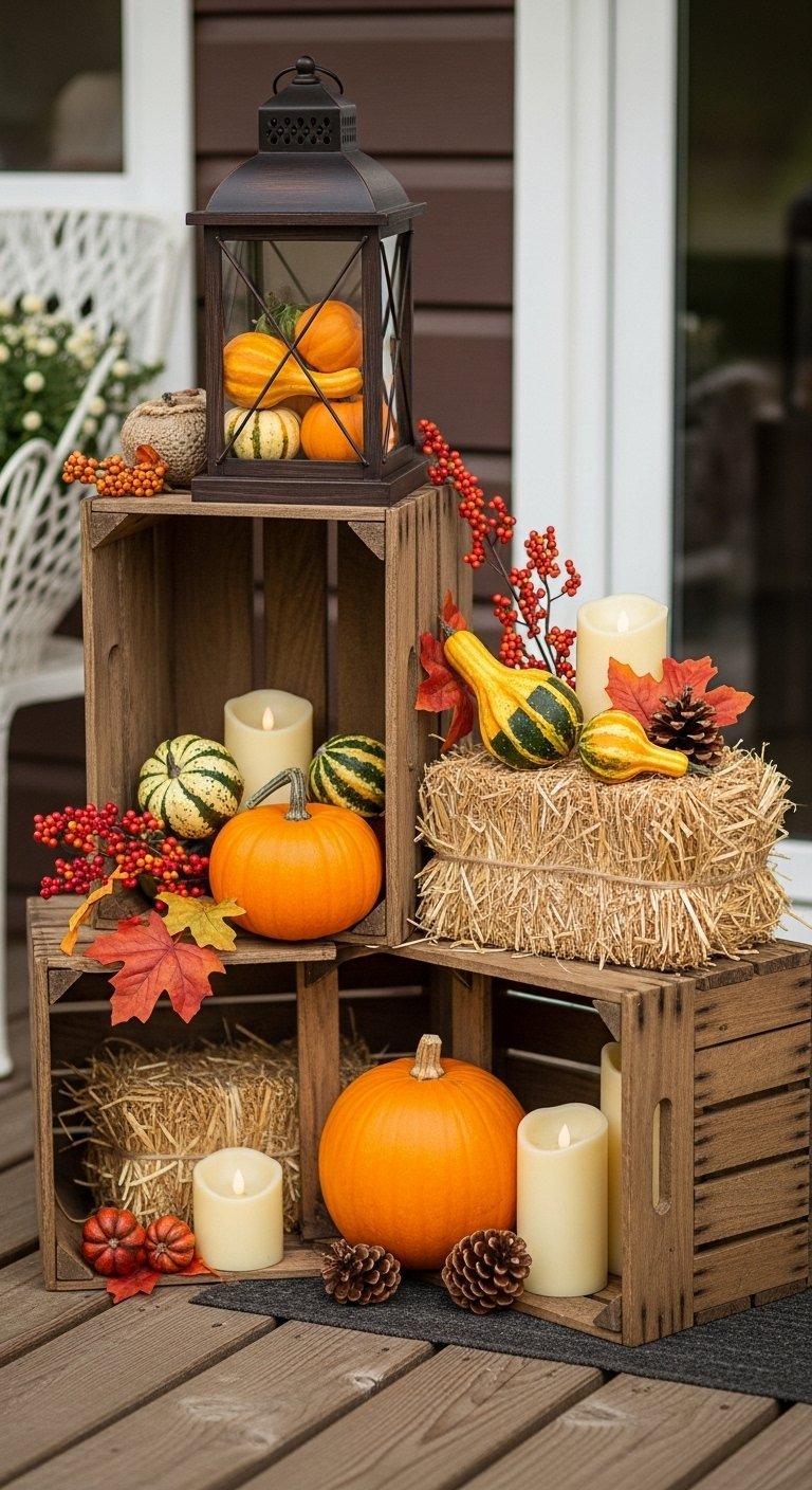 Composition d automne avec des caisses en bois empilees et des citrouilles