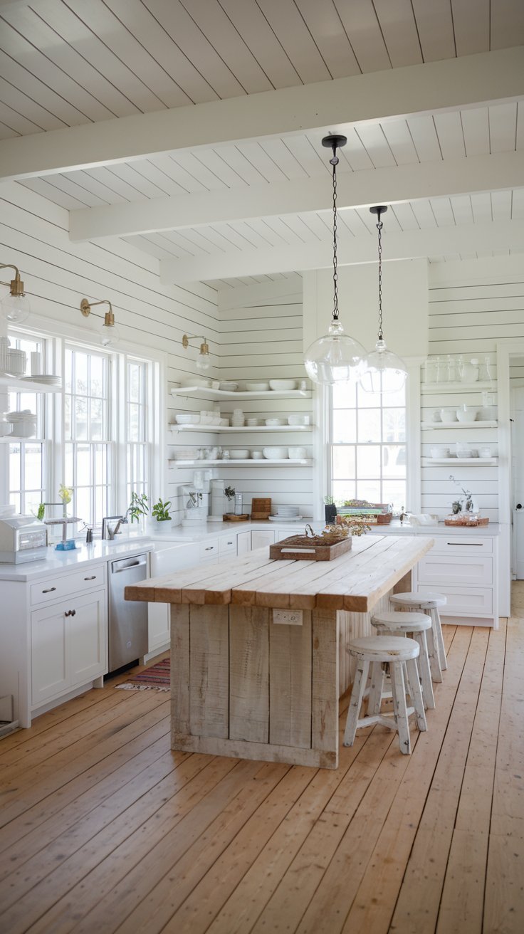 Cuisine rustique côtière toute blanche avec îlot en bois blanchi