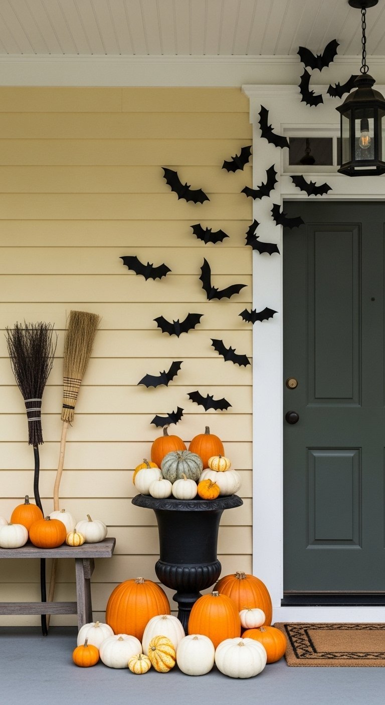 Decor de porche avec des citrouilles blanches et des chauves souris noires au mur