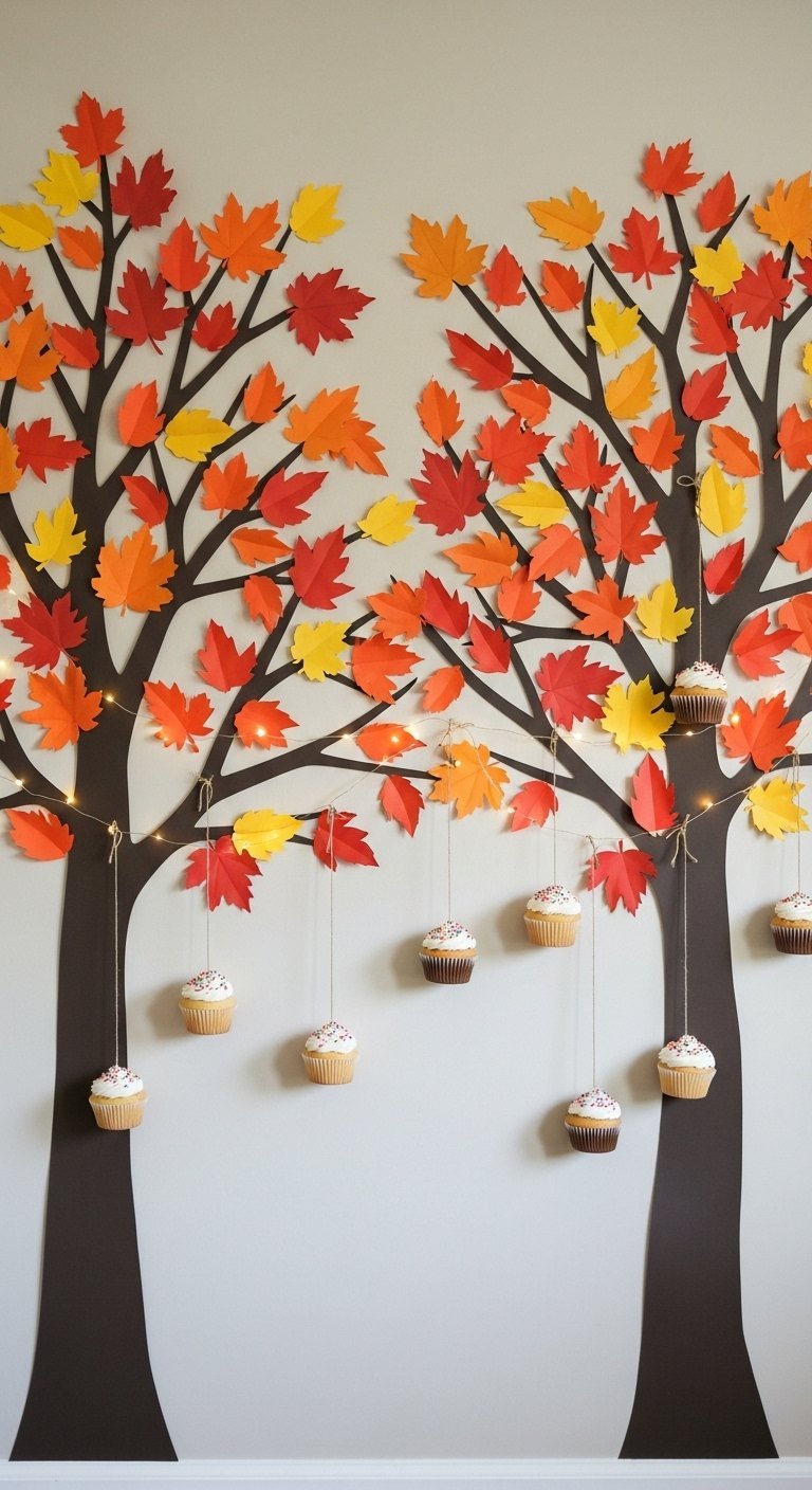 Décoration murale DIY en forme d arbres avec des feuilles en papier et des cupcakes