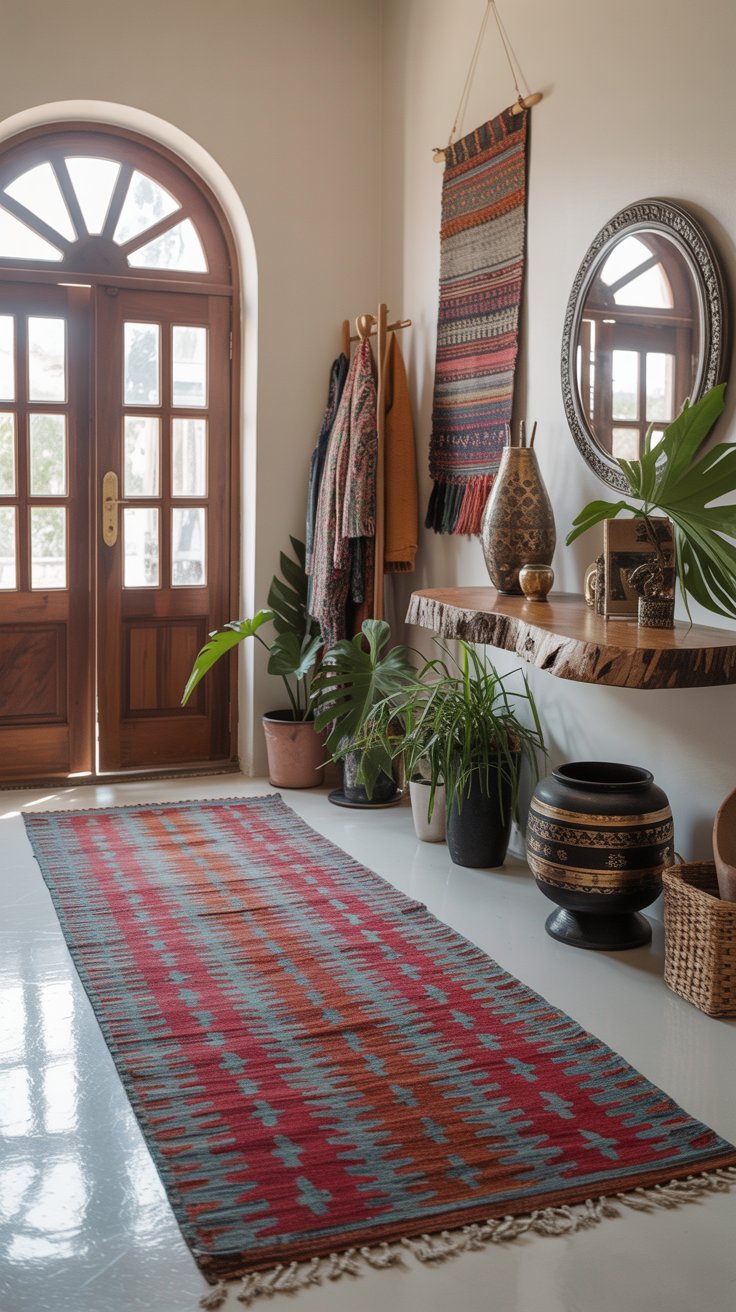 Entrée avec console en bois live edge et long tapis coloré