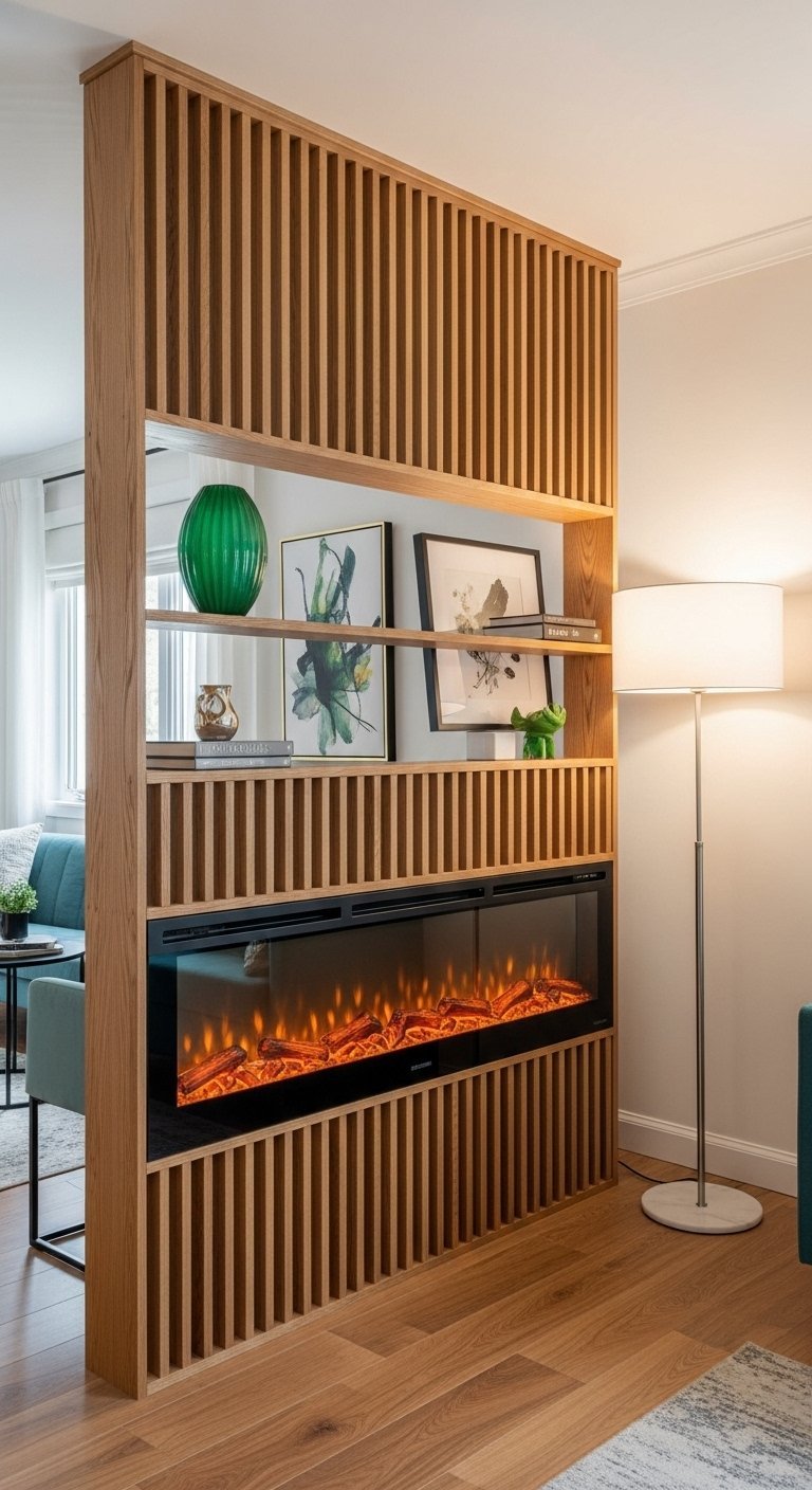 Grand claustra en bois avec cheminée électrique et étagères intégrées