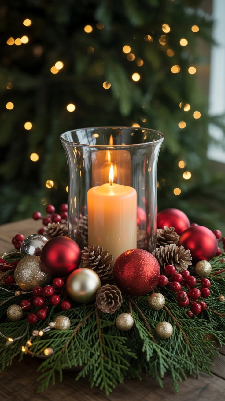Grande bougie dans un vase entourée de boules de noel rouges et dorées