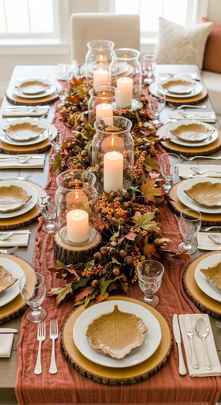 Longue table avec guirlande de feuilles et de baies et bougies sur rondins de bois