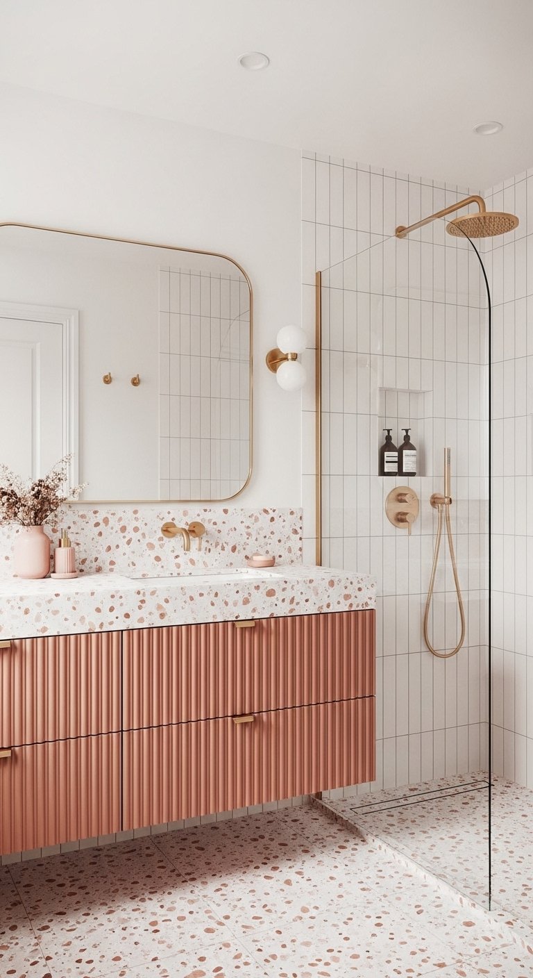 Meuble vasque rose cannelé avec plan de travail terrazzo et robinetterie dorée