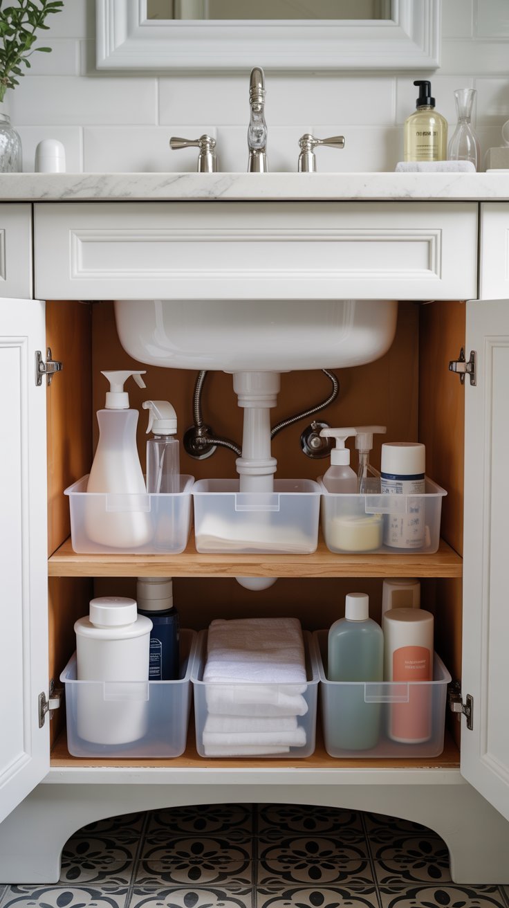 Organisation optimisée sous le lavabo avec des bacs de rangement transparents