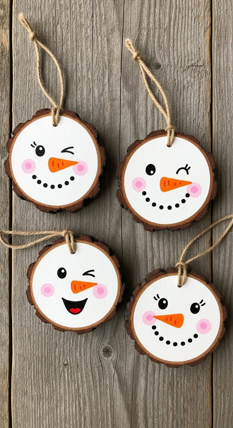 Ornements de Noël ronds en bois peints avec des visages de bonshommes de neige