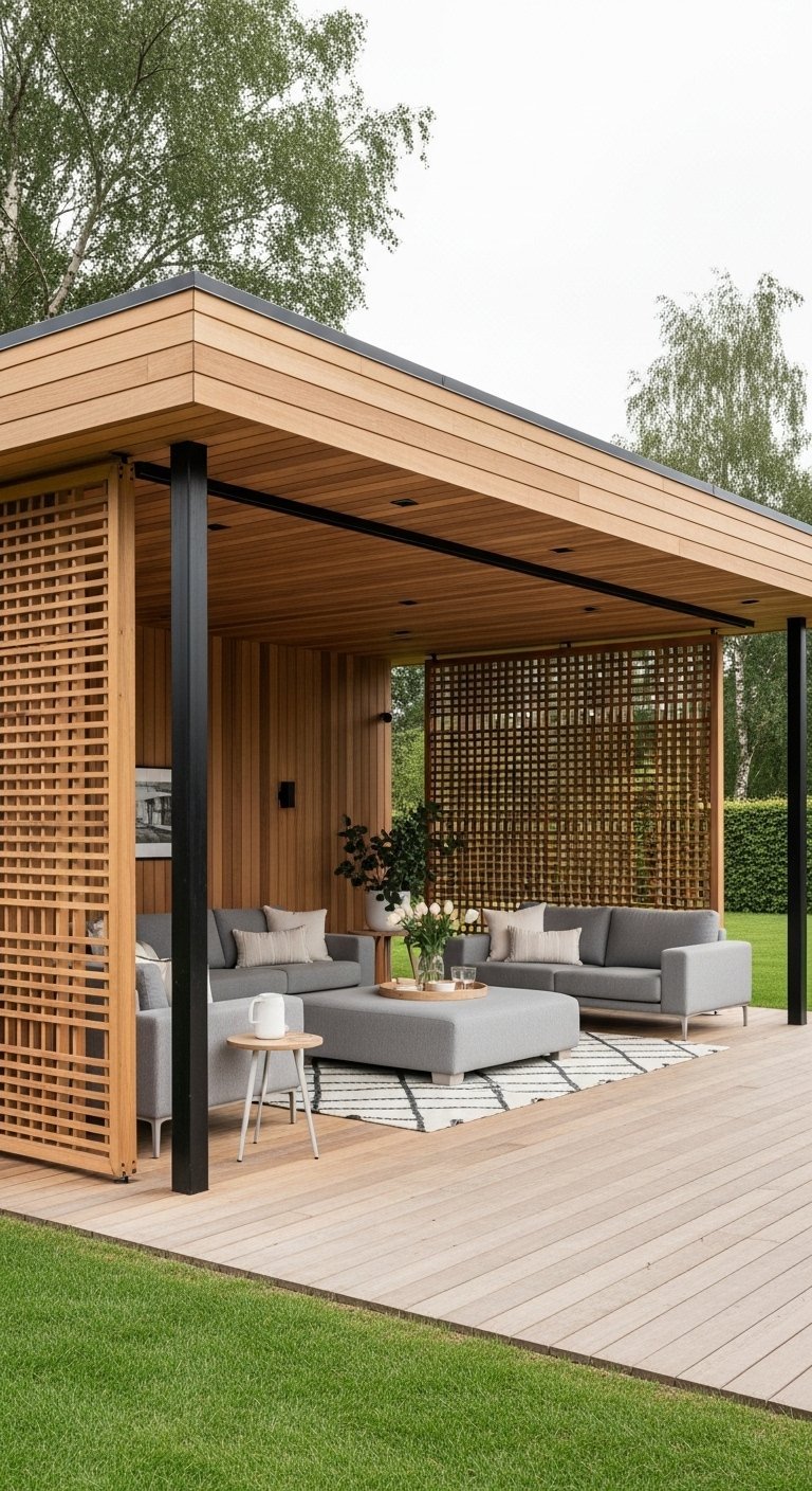 Pavillon de jardin contemporain en bois avec des panneaux ajourés