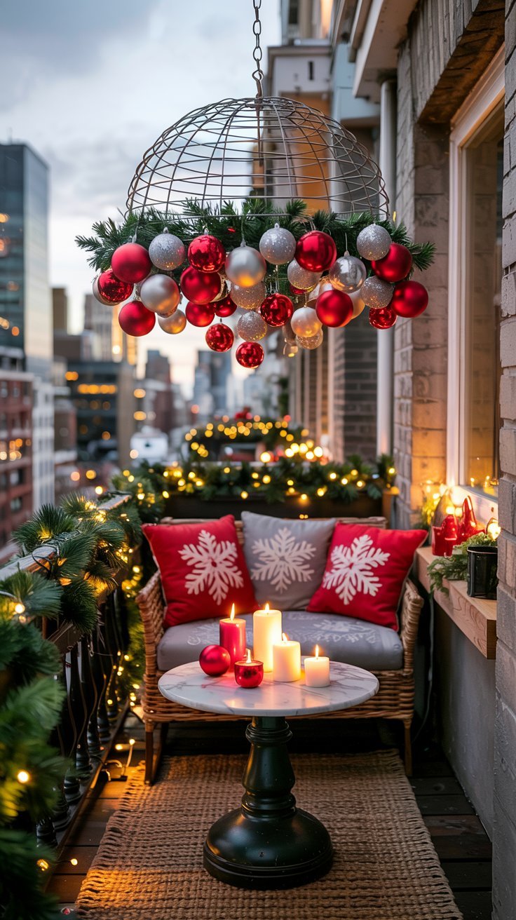Petit balcon de ville avec decoration de Noel suspendue et coussins