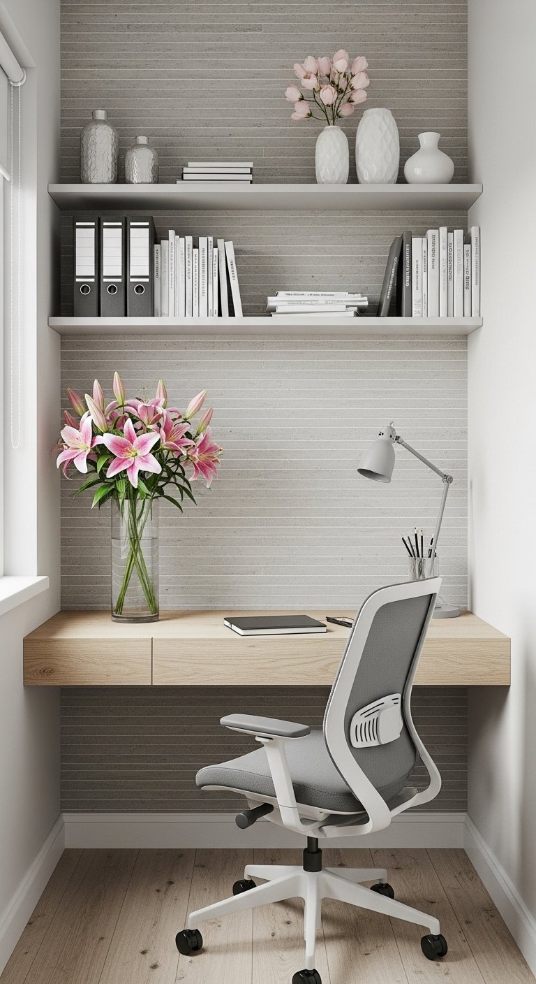 Petit bureau aménagé dans une niche avec mur gris texturé