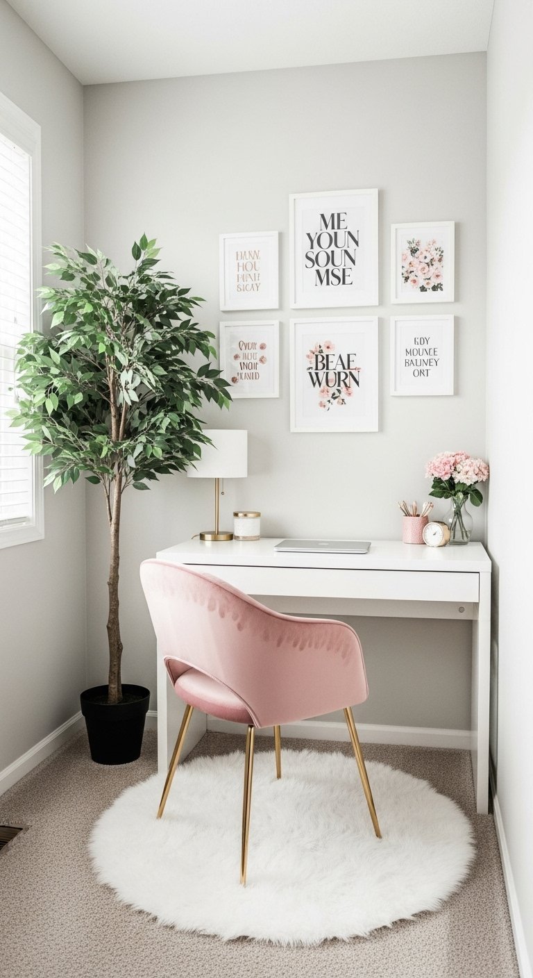 Petit bureau blanc avec chaise rose et plante d intérieur