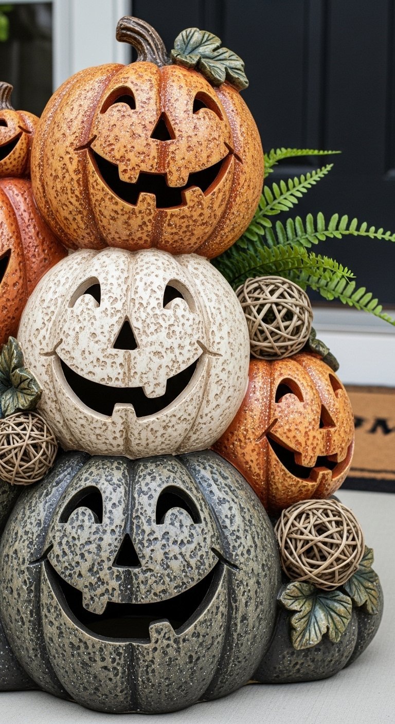Pile de trois citrouilles décoratives en céramique de différentes couleurs et textures