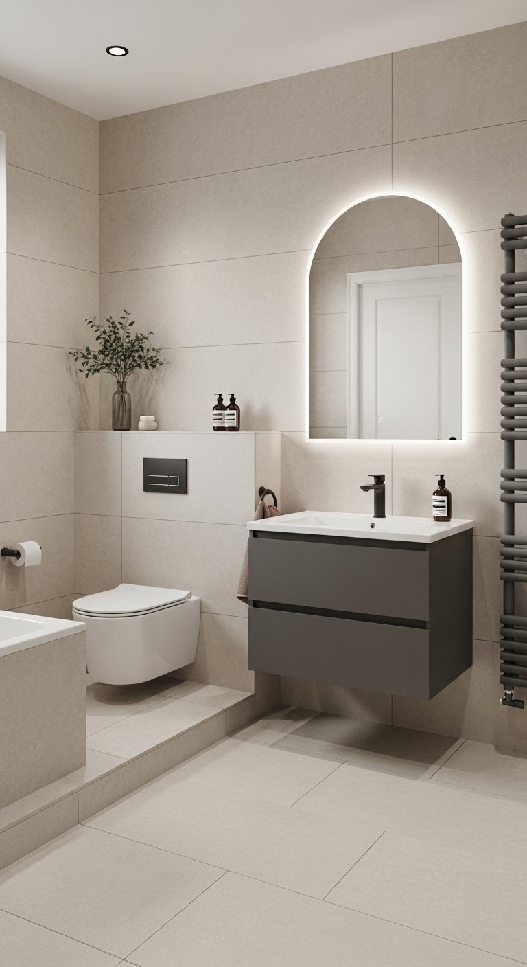 Salle de bain beige avec miroir LED arqué et meuble suspendu