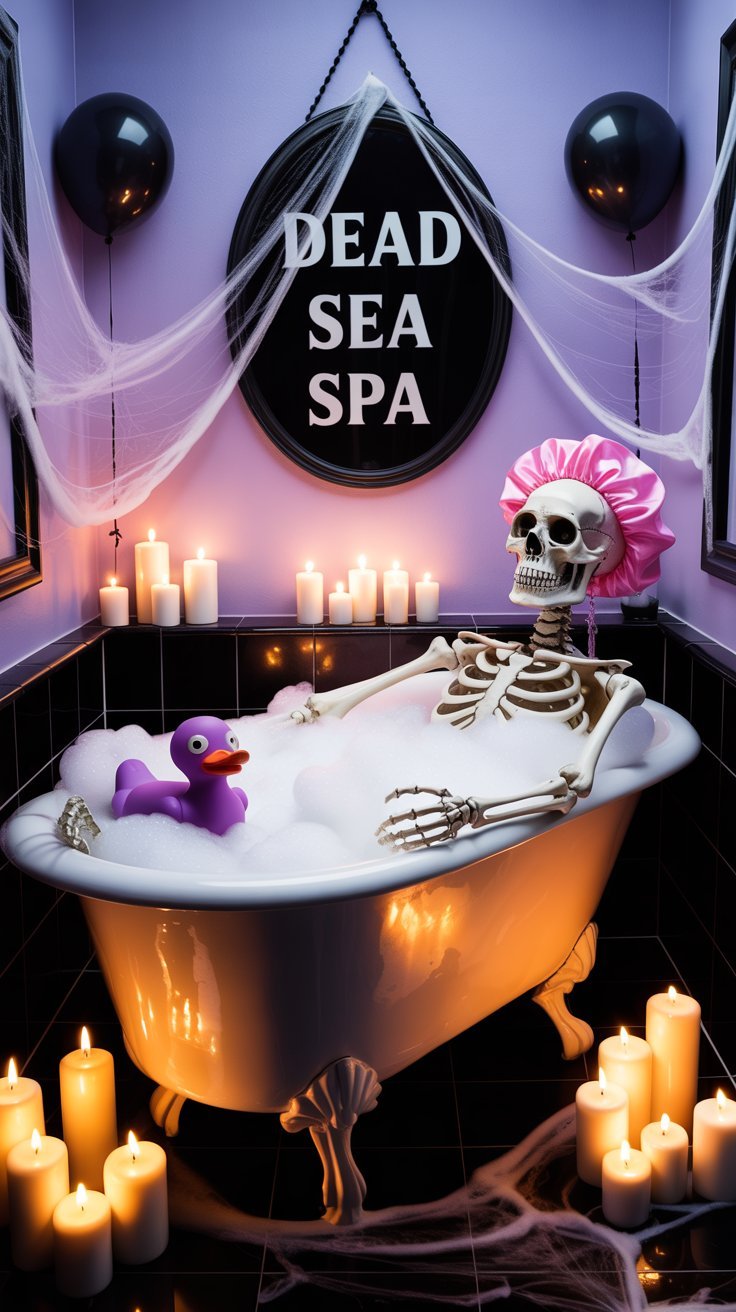 Salle de bain violette avec un squelette dans une baignoire pour un décor d Halloween humoristique