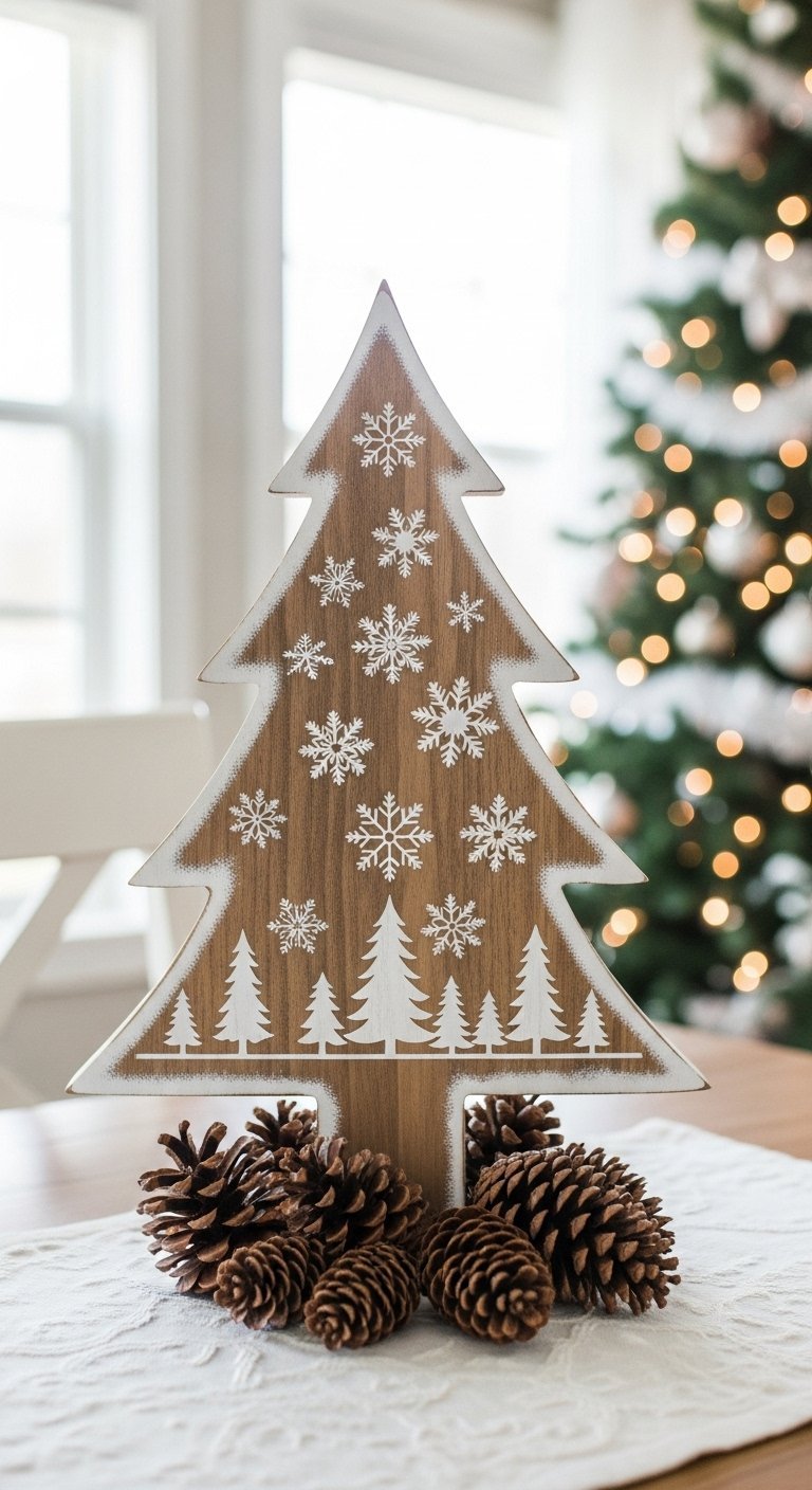 Sapin de noel en bois de taille moyenne decore de flocons de neige blancs