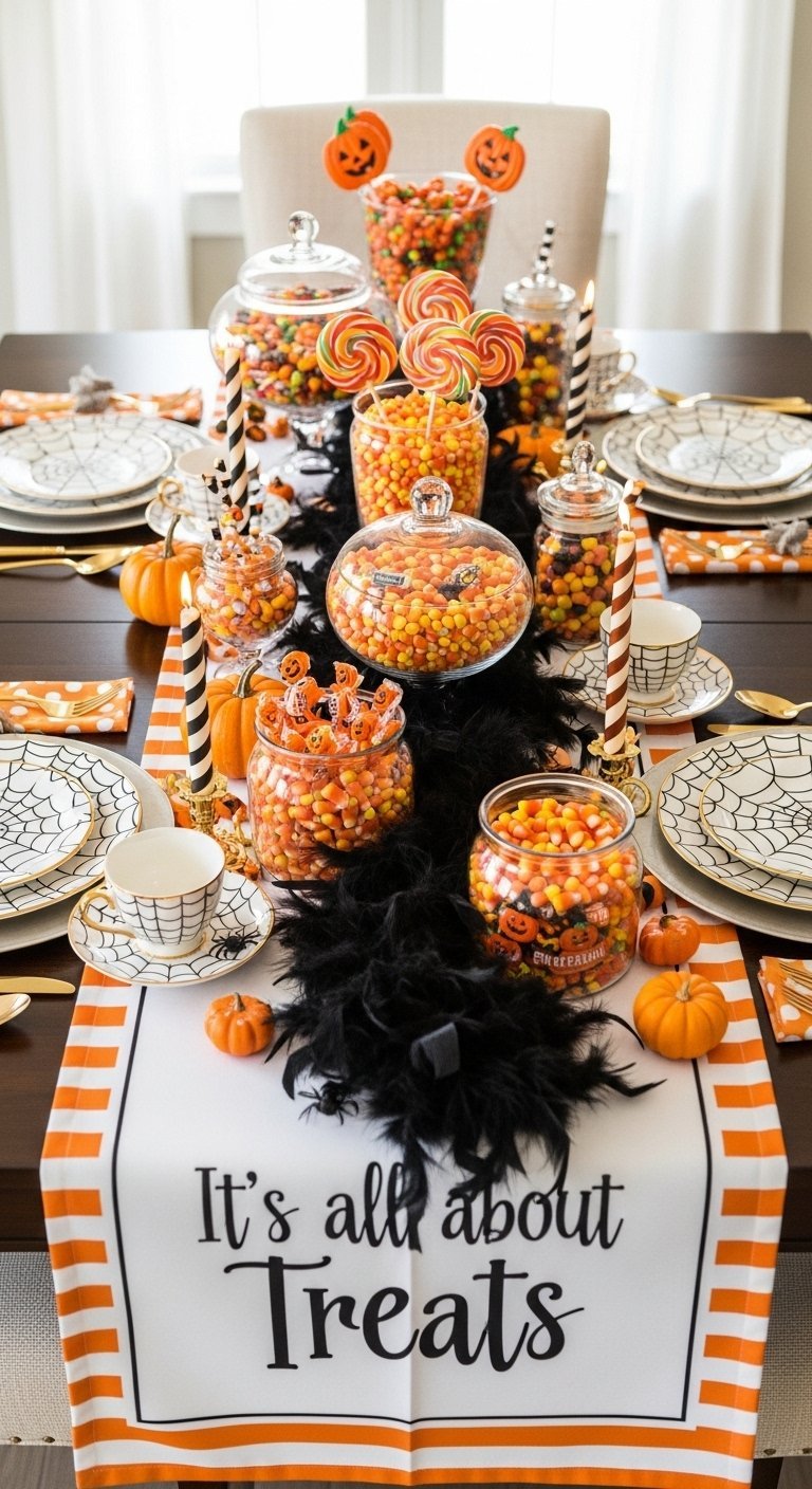 Table halloween remplie de bocaux de bonbons et sucettes