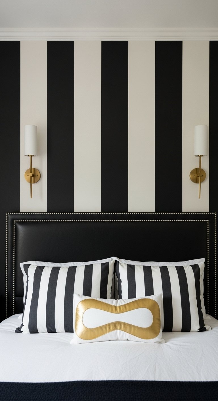 Tete de lit en cuir noir devant un mur a rayures noires et blanches