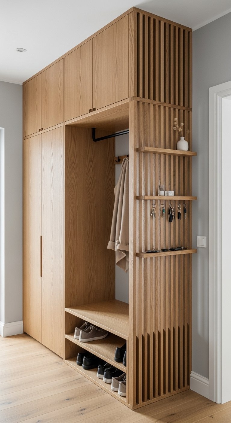 Vestiaire d entree en bois clair avec structure a lattes