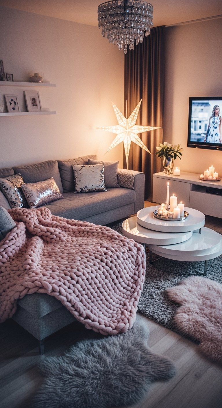Ambiance cocooning avec plaid en grosses mailles rose et coussins à paillettes