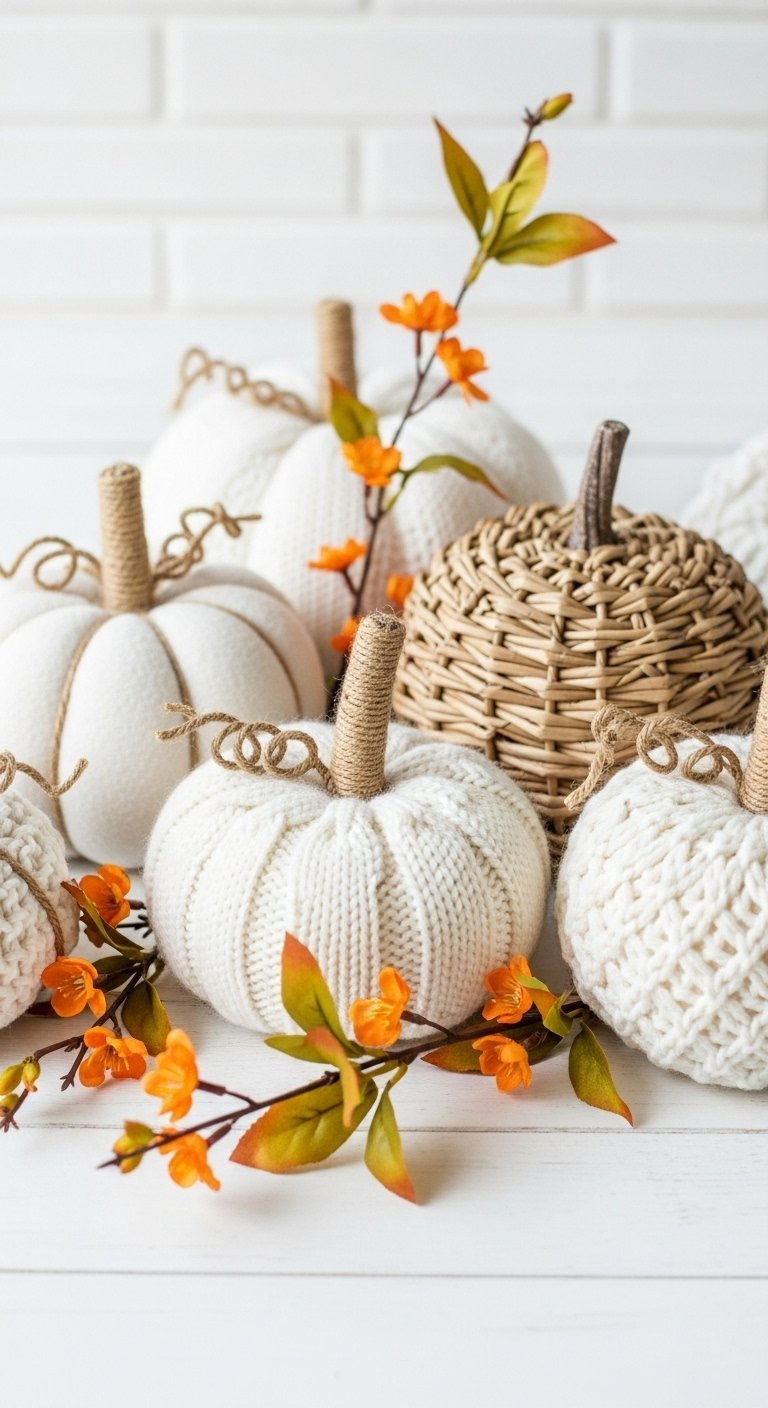 Assortiment de citrouilles decoratives en tricot et tissu blanc