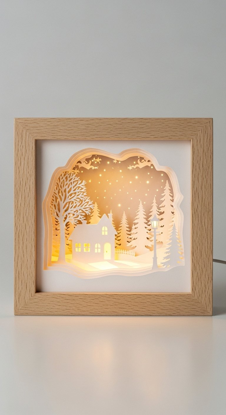 Boite lumineuse en bois representant une scene de village de noel en D