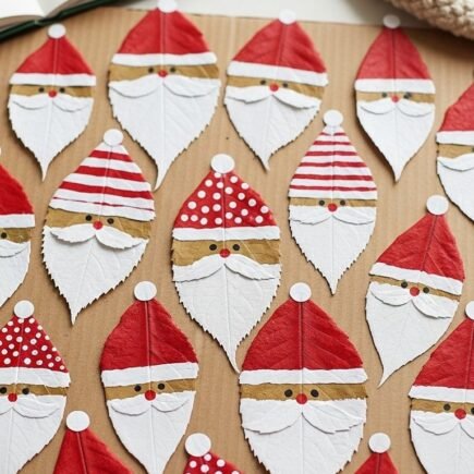Bricolage de pères noël peints sur des feuilles d arbres rouges et blanches