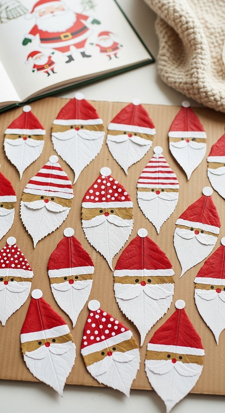 Bricolage de pères noël peints sur des feuilles d arbres rouges et blanches