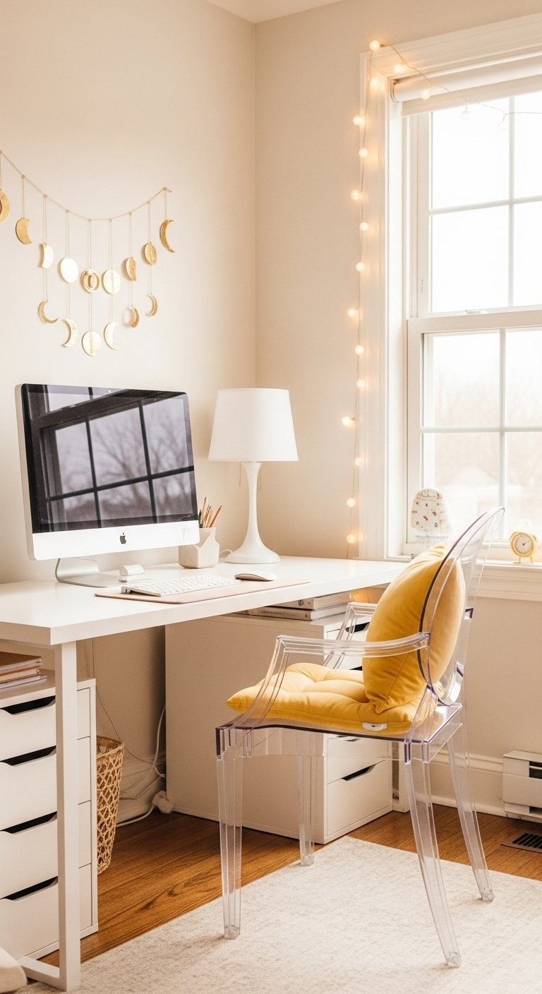 Bureau blanc près d une fenêtre avec chaise transparente et guirlande lunaire