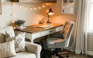 Bureau de style farmhouse avec chaise capitonnée et étagères flottantes lumineuses