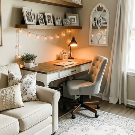 Bureau de style farmhouse avec chaise capitonnée et étagères flottantes lumineuses