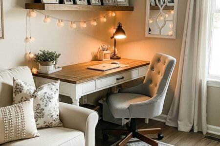 Bureau de style farmhouse avec chaise capitonnée et étagères flottantes lumineuses