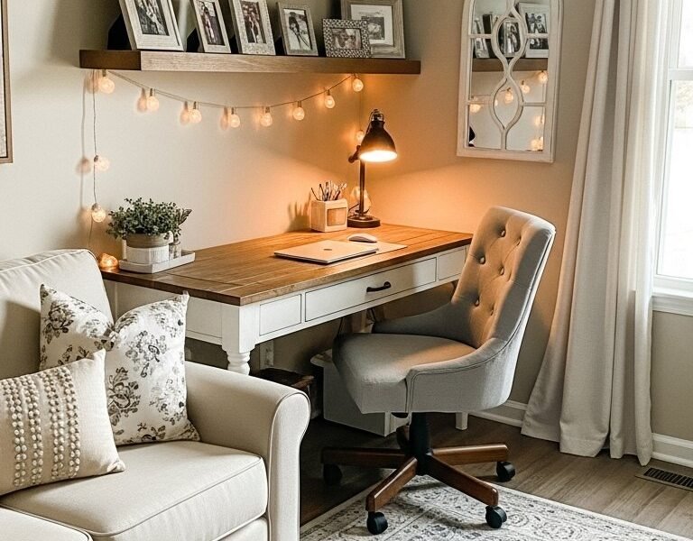 Bureau de style farmhouse avec chaise capitonnée et étagères flottantes lumineuses