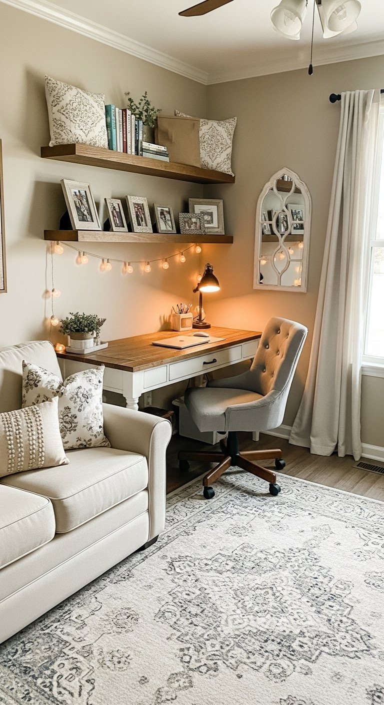 Bureau de style farmhouse avec chaise capitonnée et étagères flottantes lumineuses