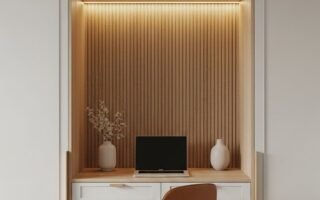 Bureau design intégré dans un placard avec un mur en bois cannelé