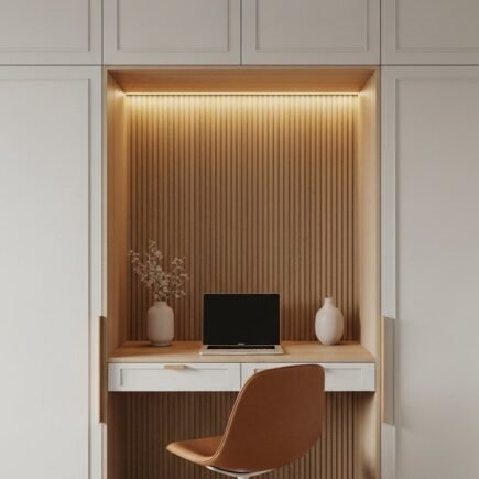 Bureau design intégré dans un placard avec un mur en bois cannelé