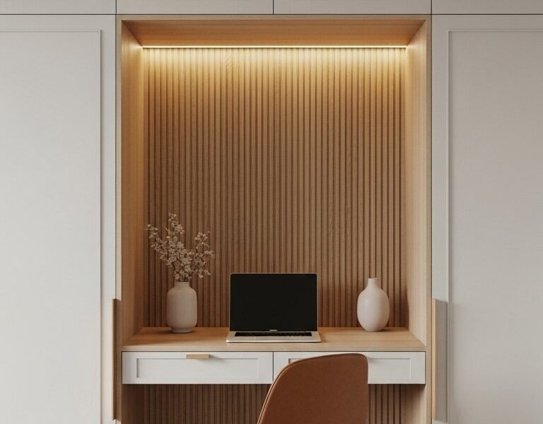 Bureau design intégré dans un placard avec un mur en bois cannelé