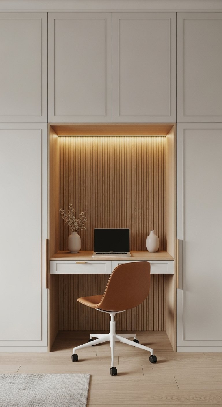Bureau design intégré dans un placard avec un mur en bois cannelé