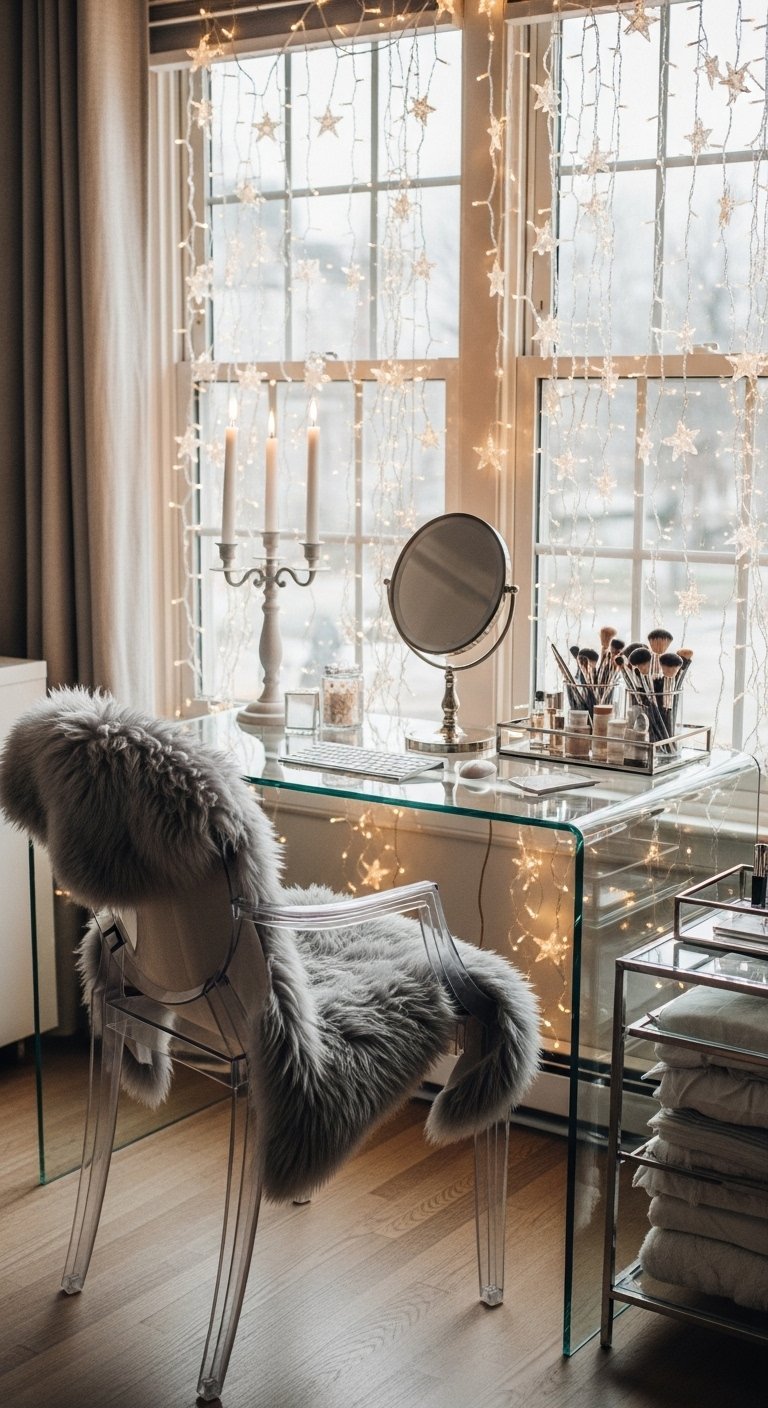 Bureau en verre transparent avec guirlandes lumineuses en étoile