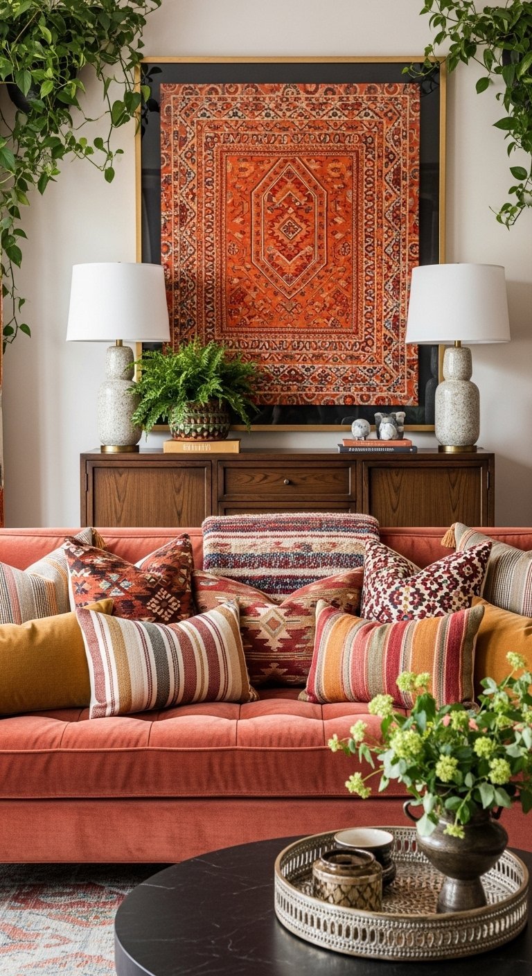 Canape terracotta avec de nombreux coussins a motifs bohemes