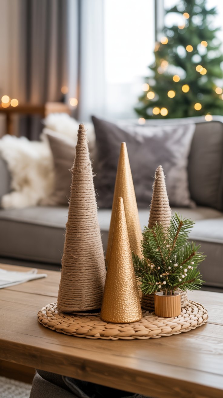 Centre de table de noel avec des cônes dorés et en ficelle